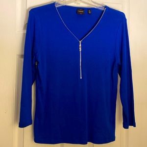 Royal blue thin sweater with faux zipper along the v-neck. Medium, 3/4 sleeves